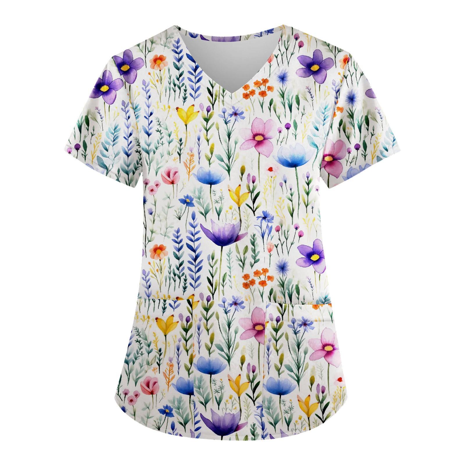 

Plus Size Printed Scrub Working Uniform Tops For Women s V-Neck Print Short Sleeve Fun T-Shirts Workwear Tee With Pockets L синій