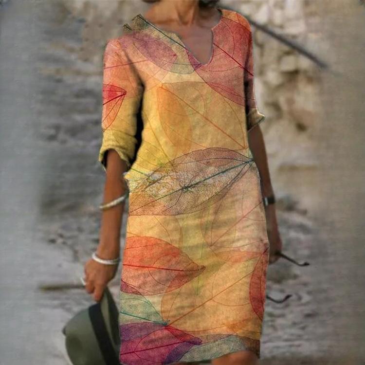 GMXIA Sommertrykk løs bambusfiber hamp blomster kortermet dame vintage litterær fem-kvarts erme med rund hals