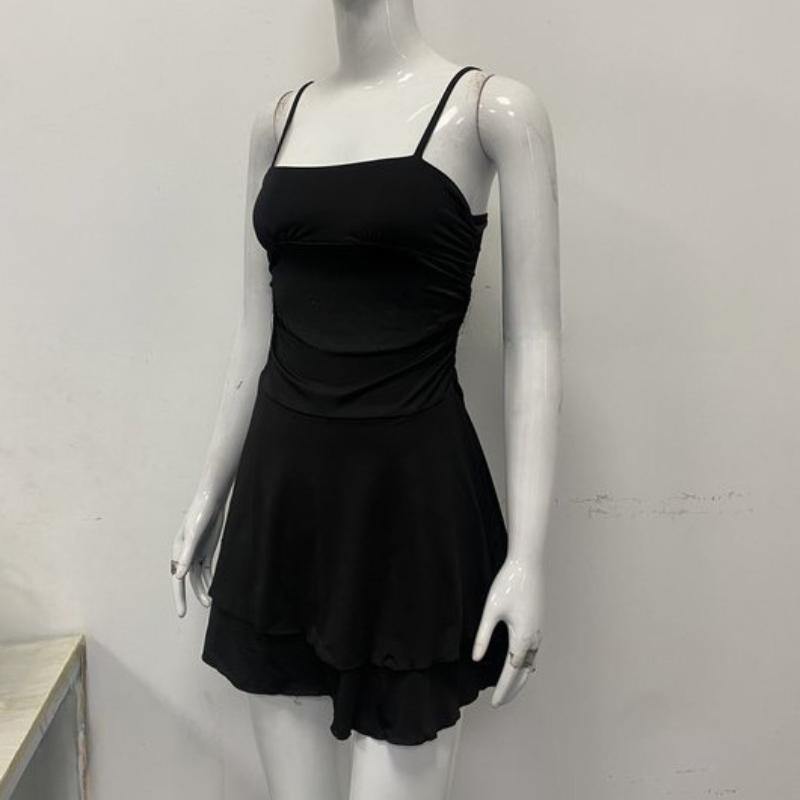 European and American summer solid color slim fit double-layer hem camisole backless dress