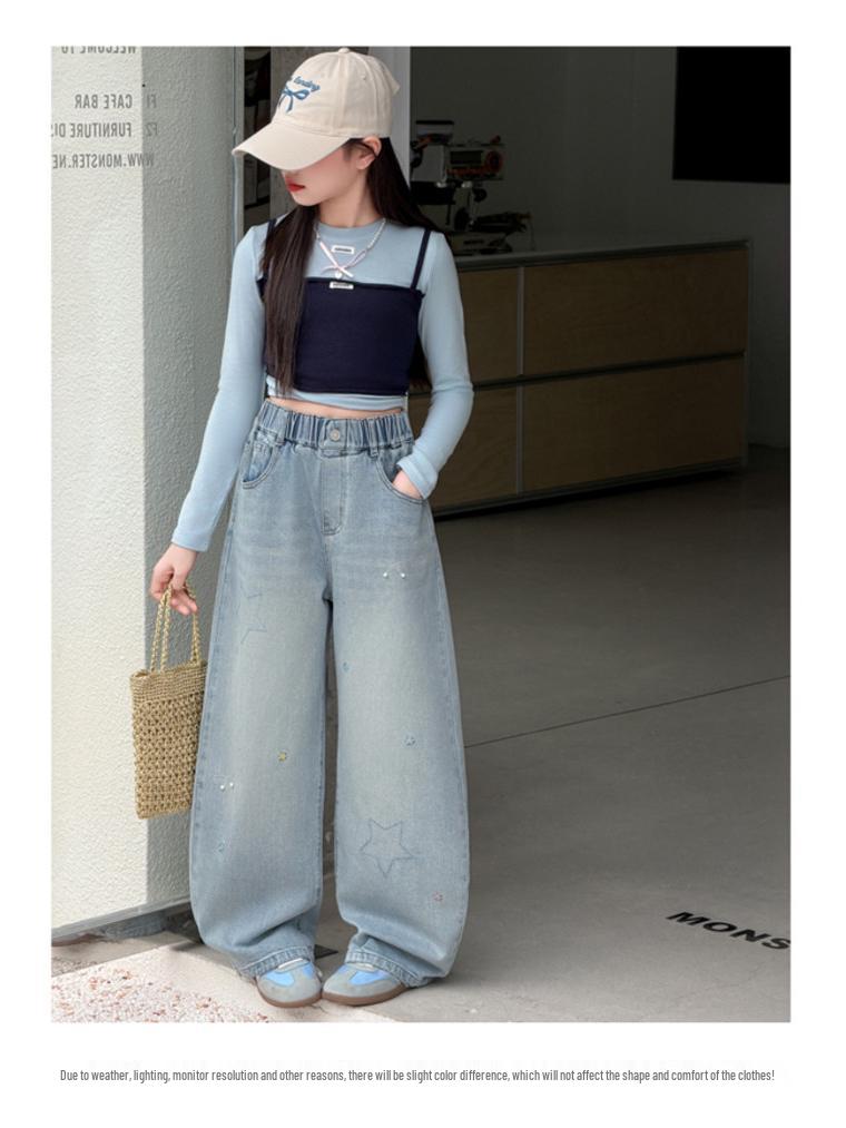 2026 Girls' Spring/Fall Versatile Jeans: Straight & Wide Leg Pants for Middle School Students