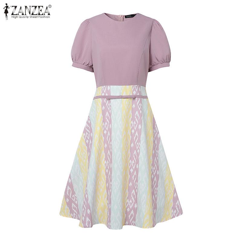 ZANZEA Women Casual Round Neck Short Sleeve Summer Print Dress