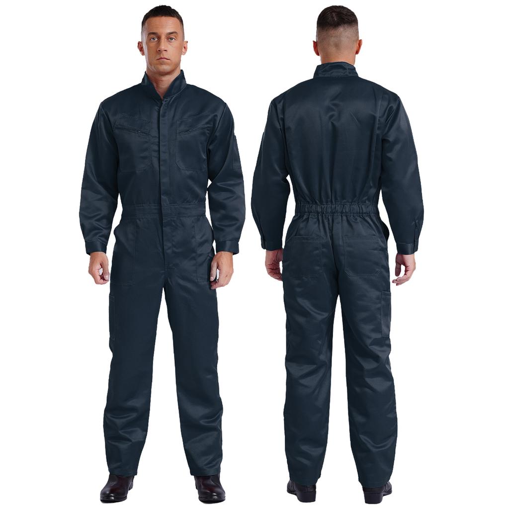 Mens Long Sleeve Work Jumpsuit Stand Collar Front Zip Multiple Pockets Coveralls Overalls Bodysuit Uniform for Daily Work