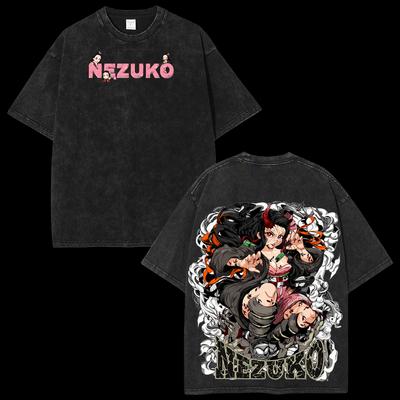 Nezuko Kamado Demon Slayer Anime Washed T-Shirt Men Women Vintage Oversized Streetwear Streetwear Y2k Manga Graphic Short Sleeve Female Male Clothing