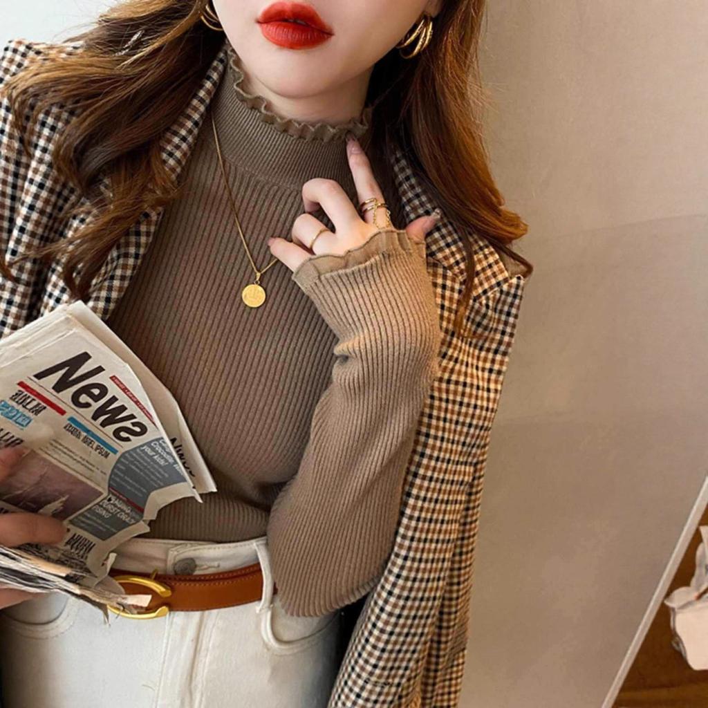 Semi-turtleneck Bottoming Shirt for Women's Autumn and Winter High-end Sense, Foreign-style Lace Splicing, Sweater Inside, Thin Cashmere Knitted Top