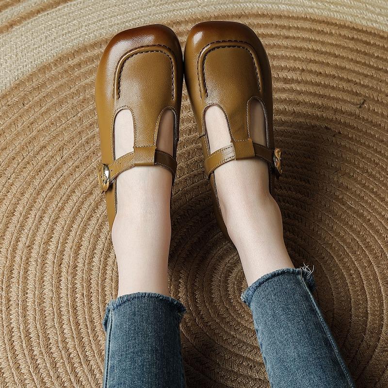 First layer cowhide single shoes spring new square head Mary Jane shoes retro literary and art fan women's shoes wide head soft sole mother shoes