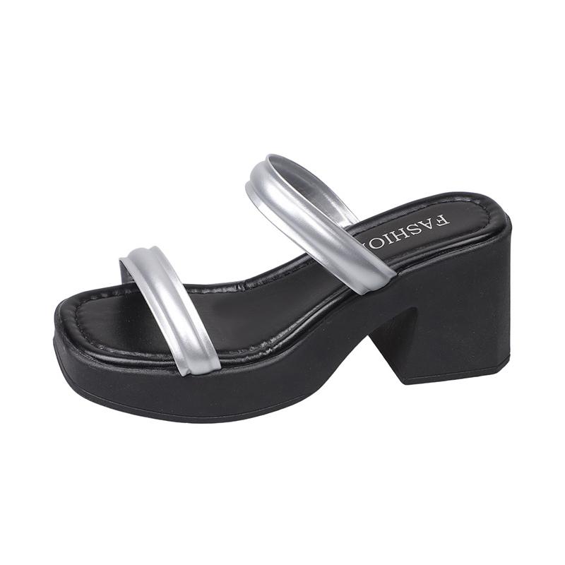 Fashion High-heeled Slippers Fashion Square Head Open Toe Waterproof Platform Anti-slip Wear-resistant Square Heel Shoes