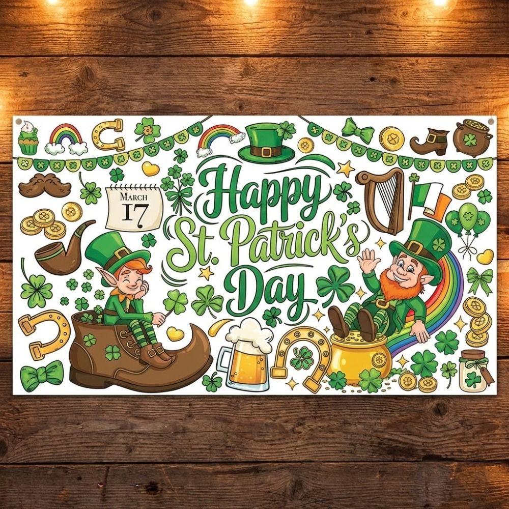 130x75cm St Patricks Day Coloring Tablecloth Shamrocks Lucky Giant Coloring Banner Giant Size DIY Paper Coloring Poster