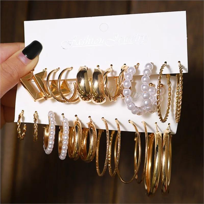 6 Pairs Earrings Golden Geometric Square Grace Ear Hoops Jewelry Sets Imitation Pearl