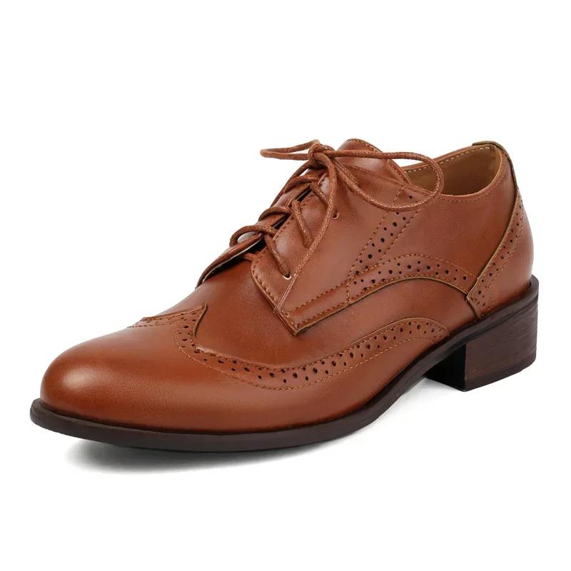 British Women Derbies Spring Autumn Mid Heel Oxfords White Yellow Brown Mixed Color Medallion Vintage Round Toe Lace Up Brogues