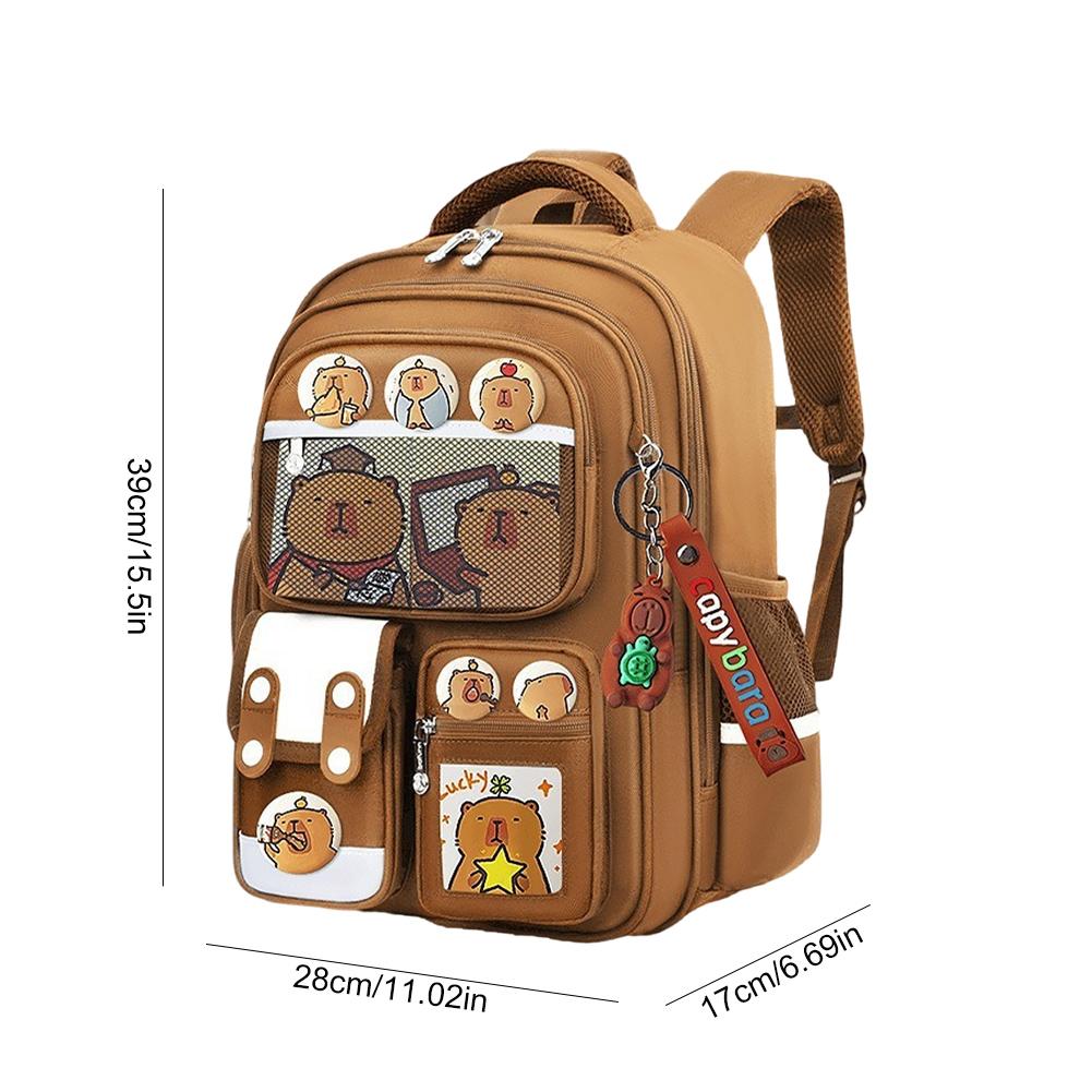 Zaino Capibara per Bambini Protezione Schiena Cartella Scolastica Studente con Portatessere Bambola Impermeabile Grande Capacità Borse per Libri Cartoni Animati