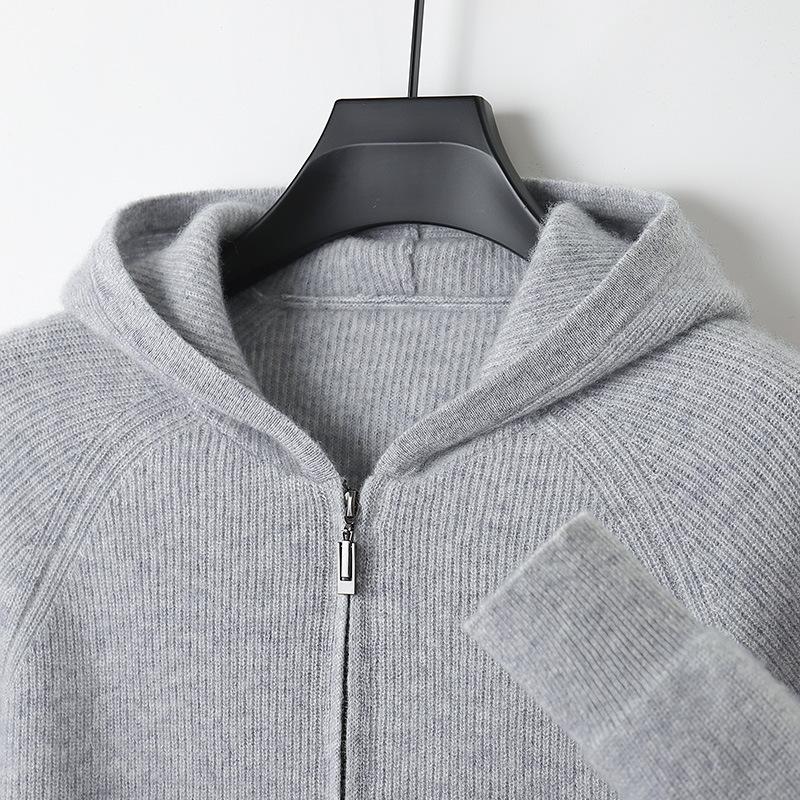Men Autumn Winter Thickened Wool Sweater Hooded Zipper Cardigan Knit Jacket Long Sleeved Sportswear Warm Jacket
