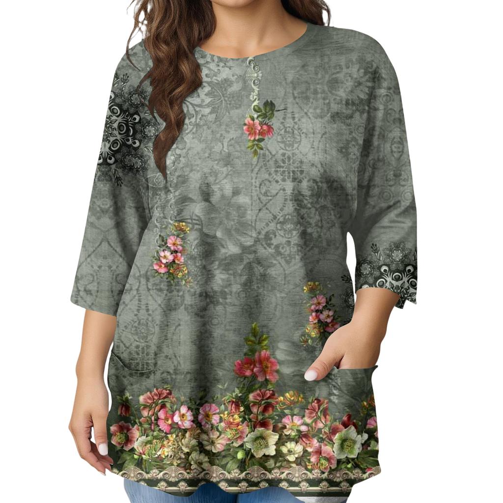 Modeblus för damer, större storlekar, med tryck, kortärmad, för elegant pendling och fritid