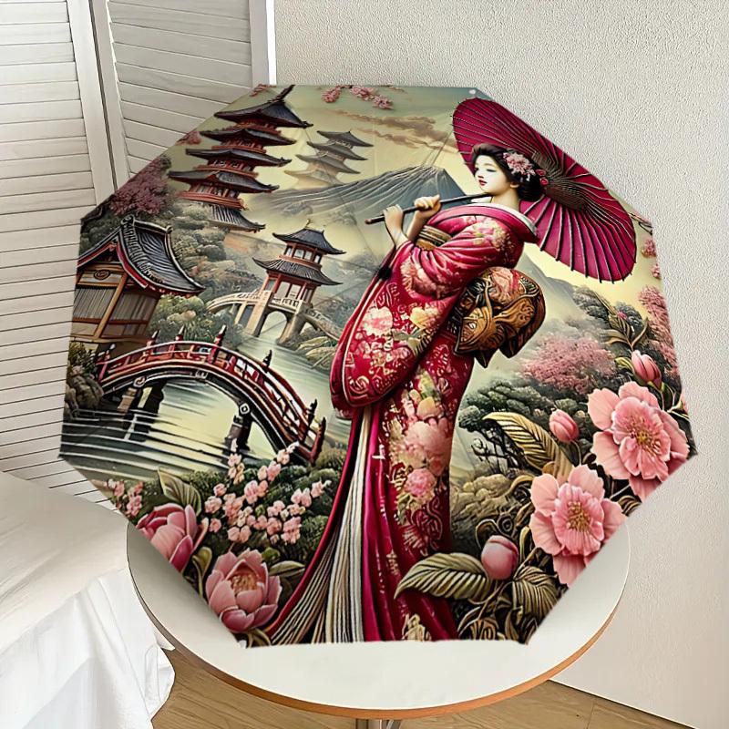 1 ks Deštník Geisha s květy, automaticky skládací - Kompaktní design s 8 žebry, odolný plast a železo, lehký pro venkovní každodenní použití, slavnostní dárek062