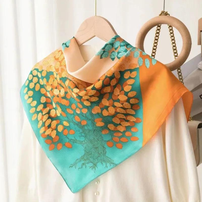 70Cm Poetic Autumn Leaves Scarf Orange Green Color-Blocking Scarves Women Imitation Silk Square Scarf Versatile Shawl Headscarf