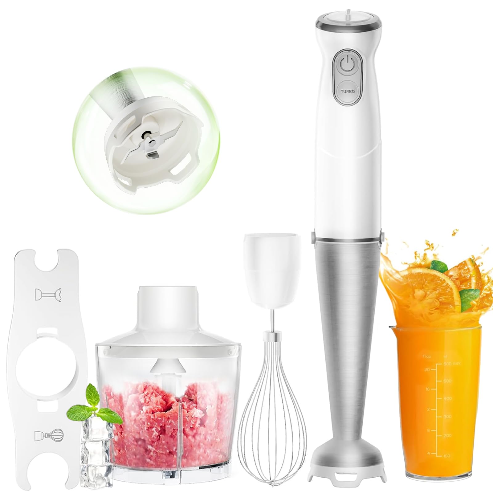 

QOOQOOGE Ручний блендер Блендер для дитячого харчування 800 Вт 6 в 1 Багатофункціональний ручний міксер Запобігання подрібненню льоду Міксер Кухонний комбайн Насадка для спінювання Соковижималка Малий білий