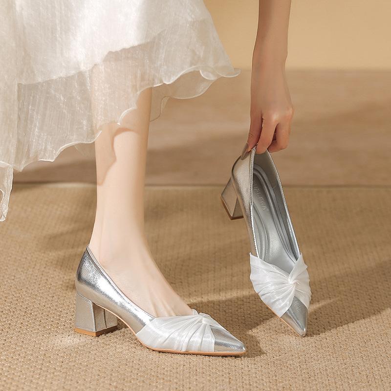 Beautiful High Heels New Silver Pointed Head Light Mouth Thick Heel with Skirt Single Shoes Women