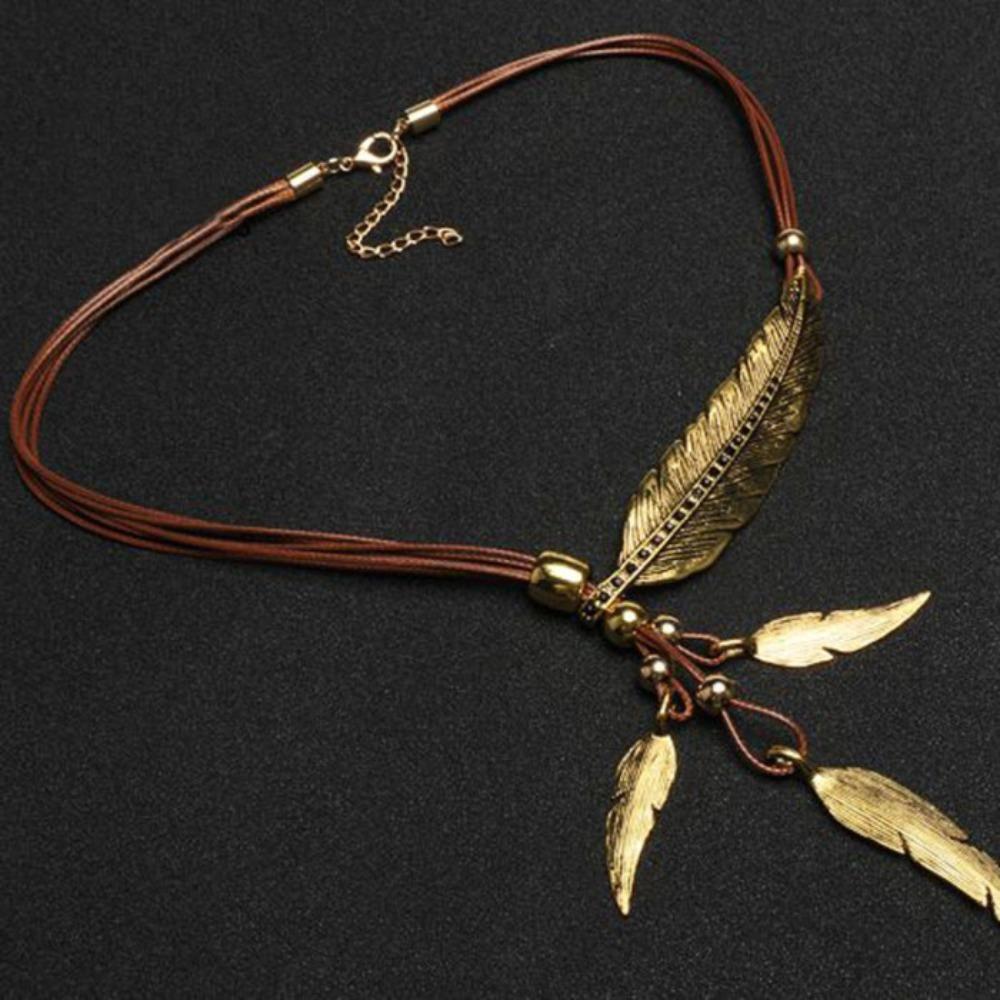 Zinc Zinc Alloy Leather Rope Tassel Necklace Silver Leaves Neck Pendant Golden Feather Necklace Party