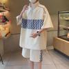 Unisex Green Plaid Contrast Stitch Short-Sleeve Shirt Suit - Summer Loose Two-Piece Set
