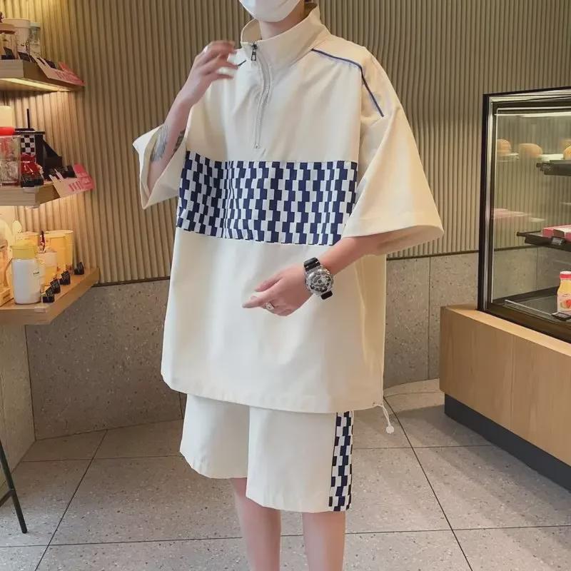 Unisex Green Plaid Contrast Stitch Short-Sleeve Shirt Suit - Summer Loose Two-Piece Set