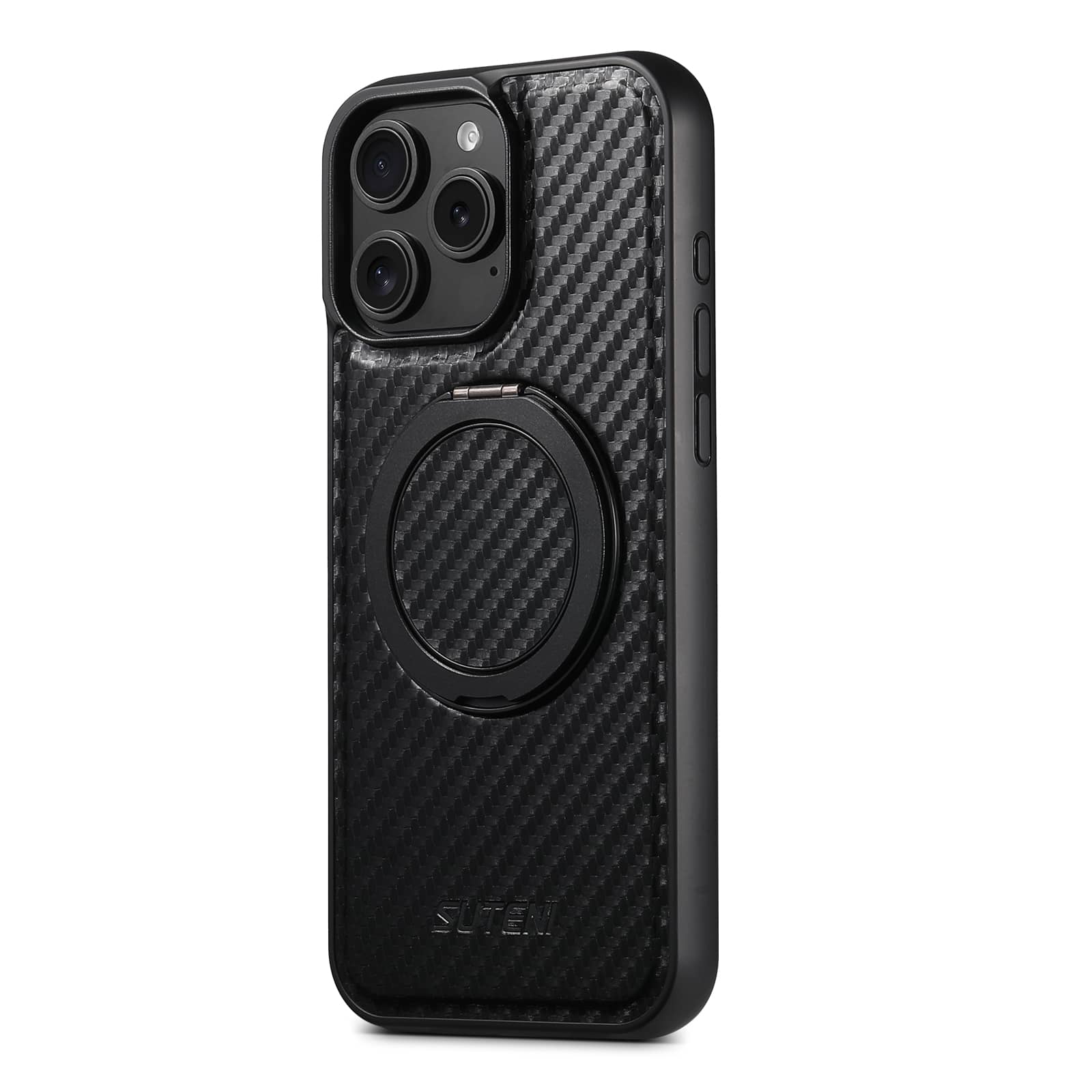 

Для 16 15 14 13 12 Pro Max Чехол из углеродного волокна, Совместимый с магнитной встроенной подставкой, Ударопрочная защитная крышка For iPhone 12 12 Pro чёрный