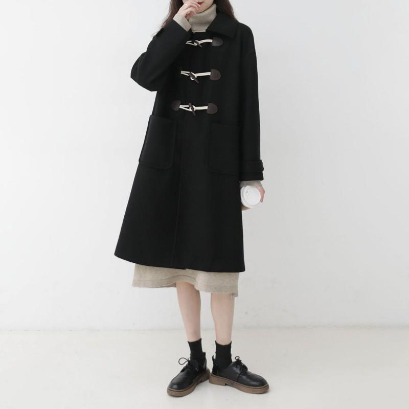 Womens Thick Wool Blend Coat With Horn Buttons Mid-Length Winter College Style