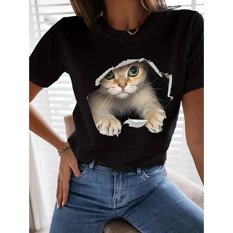 Summer Cute Kitten T-Shirts Kawaii Cat 3D Print Women's Round-Neck Short Sleeve T Shirt Harajuku Tees Y2k Tops Female Clothing