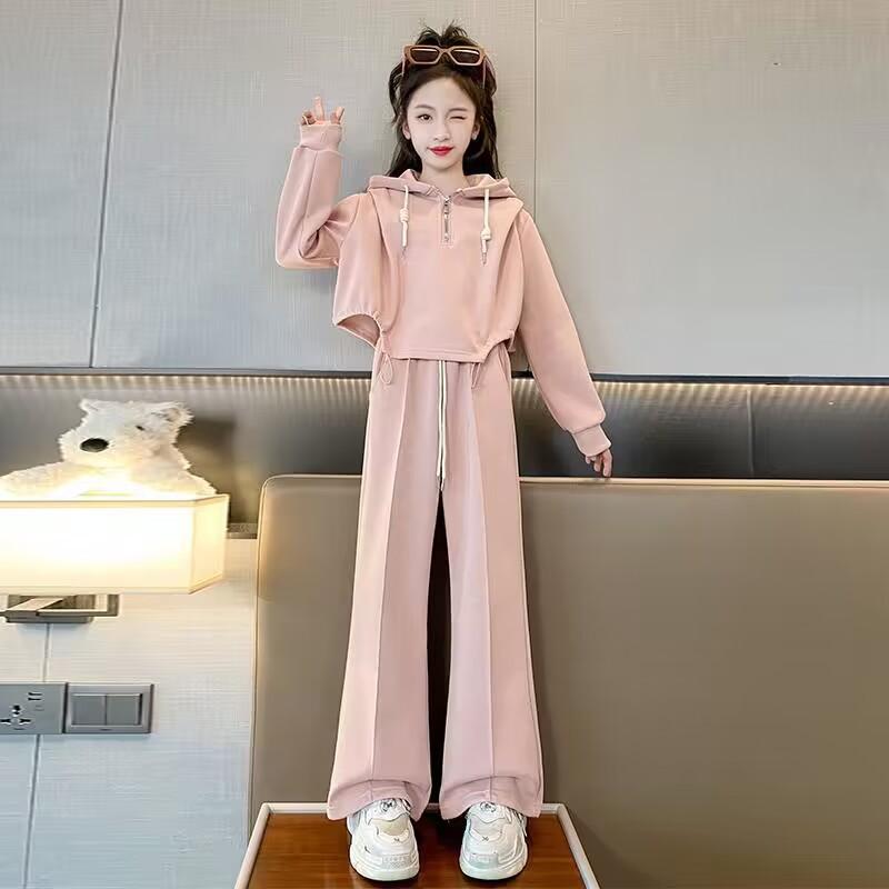 

Весенне-осенний модный повседневный свитшот с капюшоном для девочек, прямые широкие брюки, костюм из двух предметов 160 розовый
