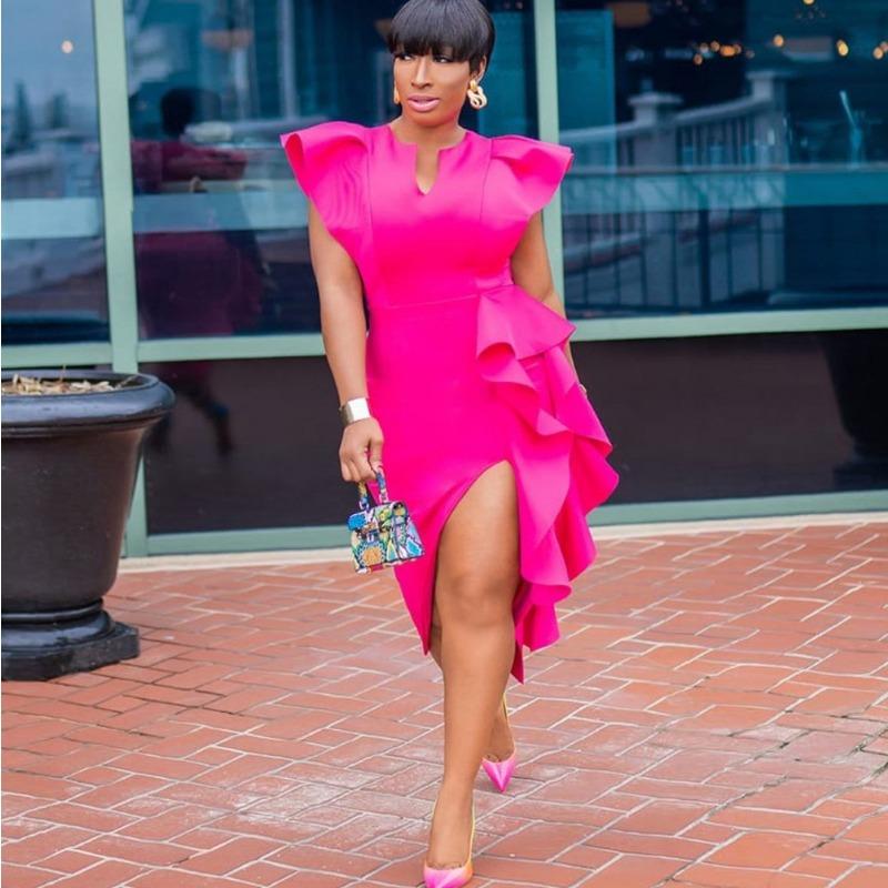 Vestido Plus Size Feminino Cor Sólida Plus Size Dividir Irregular Vestidos de Banquete Vestidos