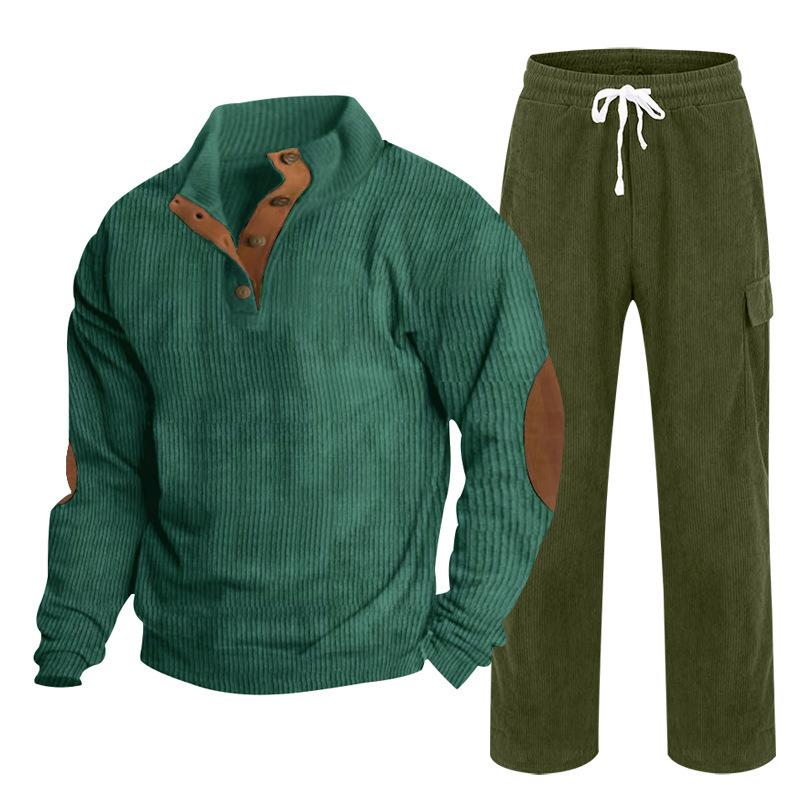 Herren Herbst/Winter Neuankömmling Sportbekleidung Zweiteiliges Set Cord Knopfleiste Henley Oberteil und Straight-Leg Hose Lässiges Ensemble