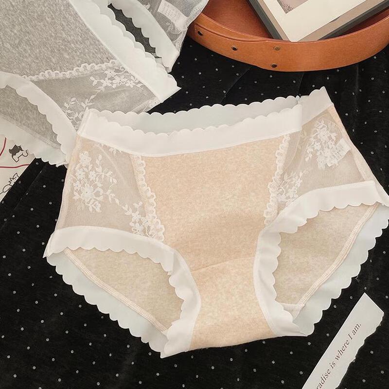 Nei Xiao Ban Women's Lace Cotton Antibacterial Mid-Waist Briefs 3-Pack