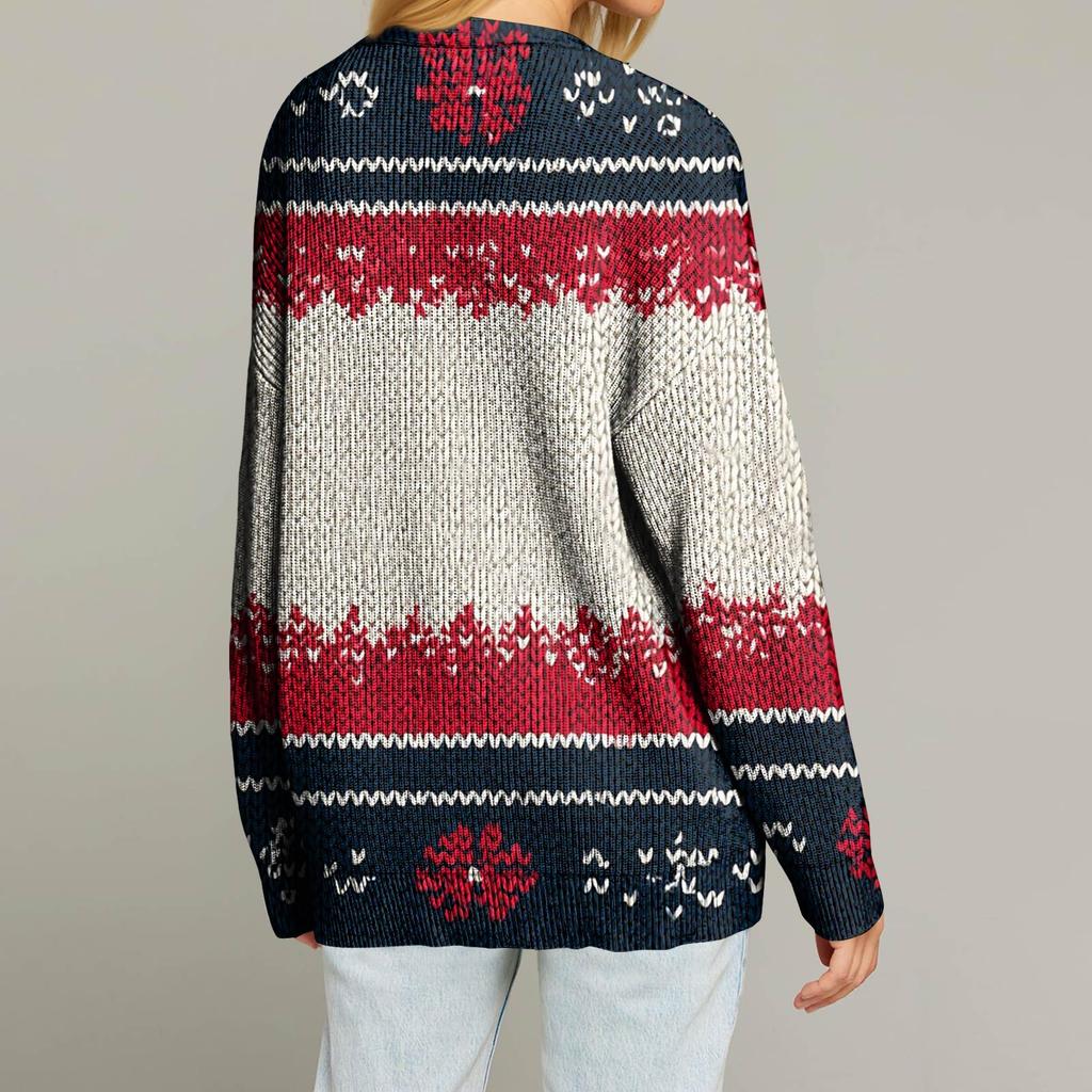 Women's Fashion Long Sleeve Christmas Print V-Neck Button Loose Cardigan Top