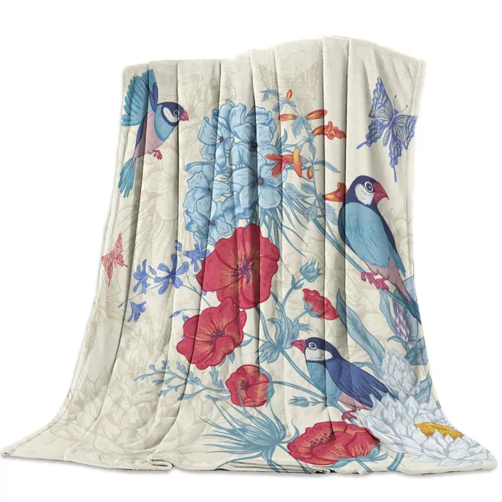 Flannel Blanket for Bed Garden Vintage Flower Bird Butterfly Throw Blanket Portable Soft Blanket Warm Sofa Bed Sheets King Size