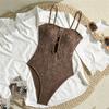 Solid Brown Mesh Swimwears One Piece Sexy Swimsuit Women 2026 Monokini Front Hollow Out Bead Beach Swimming Suit Wear Bathers