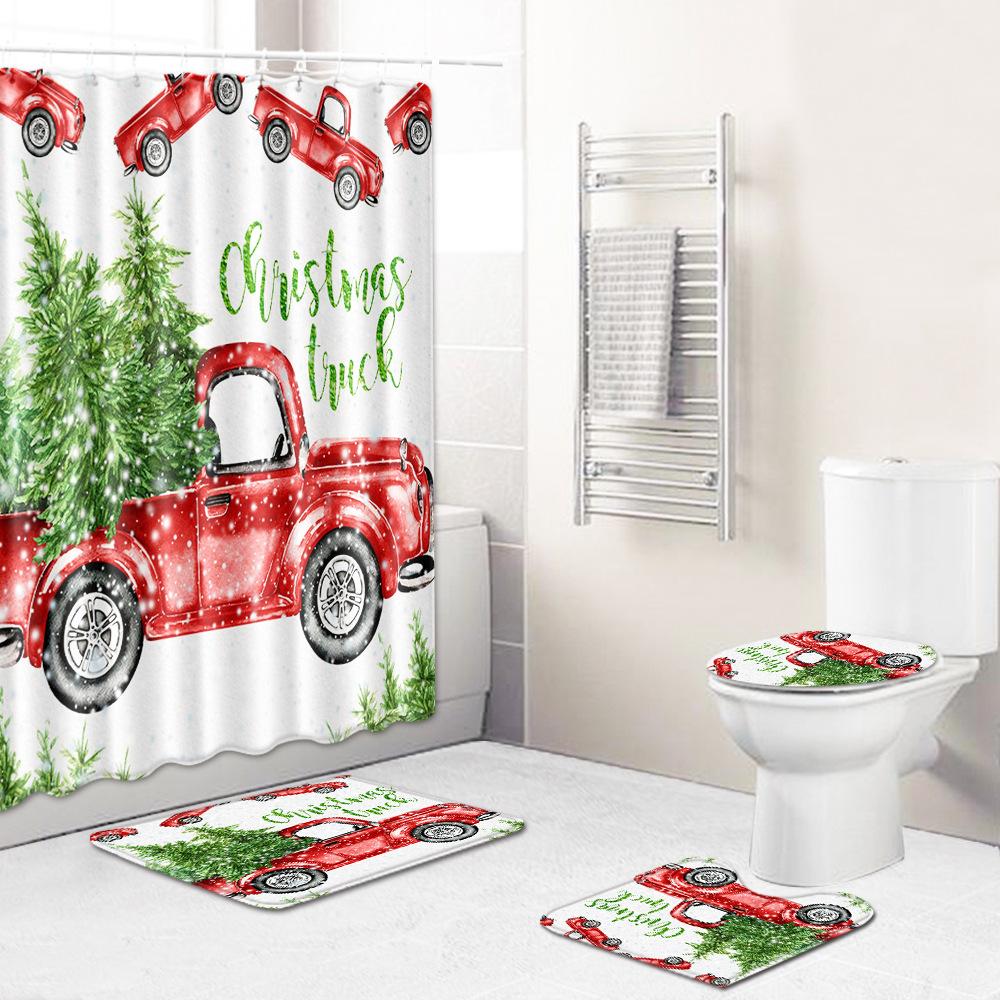 Christmas Shower Curtain Floor Mat Combination Four-Piece Set Bathroom Toilet Carpet Shower Room Mat Foot Mat