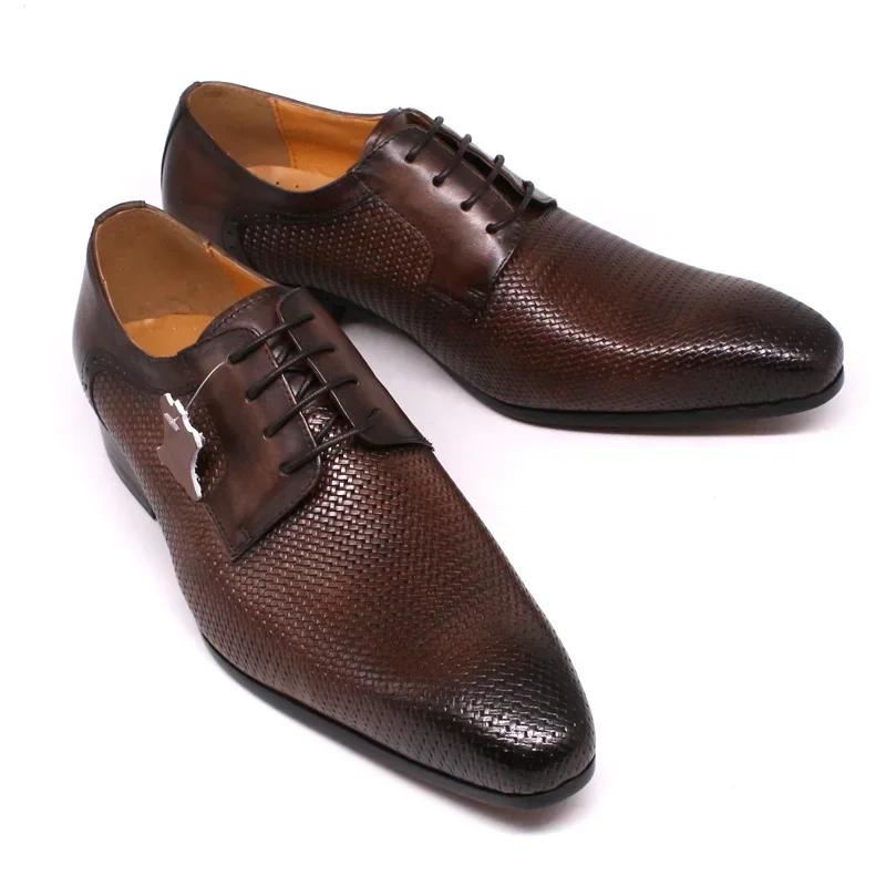 Fashion Italian Men's Genuine Leather Dress Shoes Lace-Up Business Formal Oxford Derby Shoes Net Print Office Suit Footwear