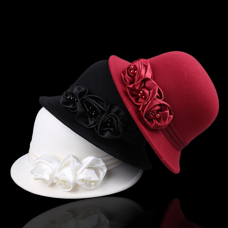 New Hepburn style retro rose flower French elegant dome top hat women's autumn and winter outdoor washbasin hat
