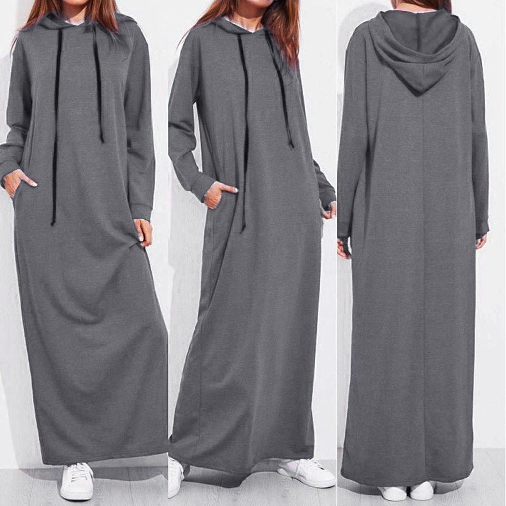 Damen Maxikleid Langarm Kapuze Damen Lässige Kapuzenpullover Lange Kleider