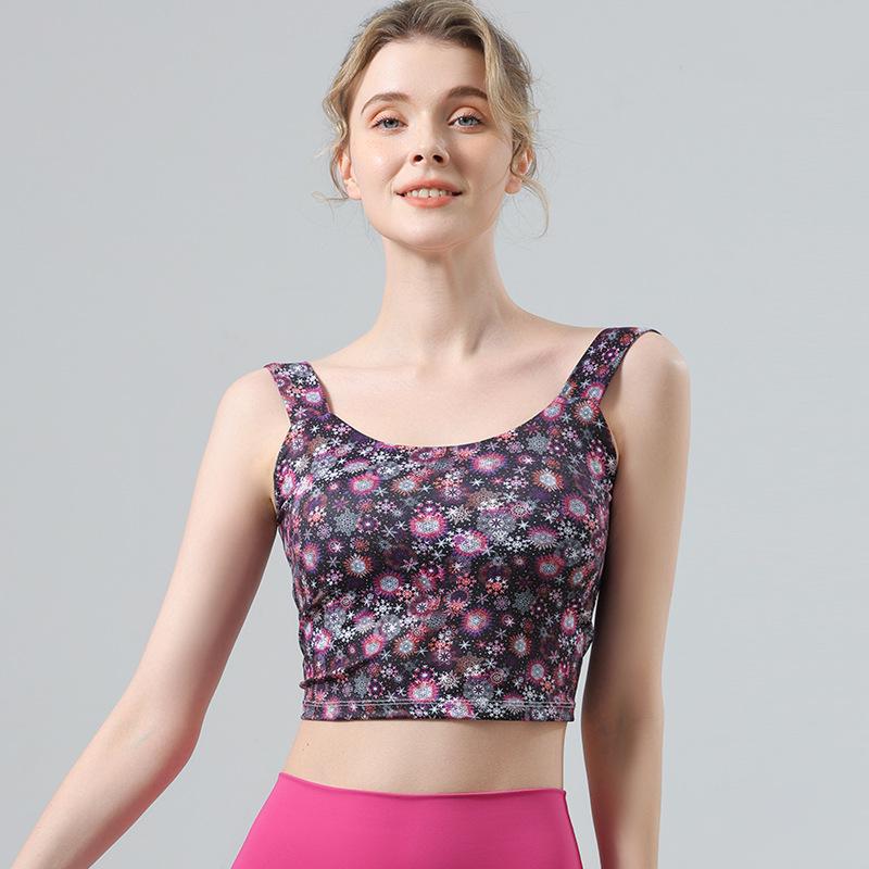 

Европейский и американский модный комплект для йоги: Принтованный спортивный бюстгальтер и майка с нагрудными вкладышами Medium