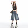 Y2K Street Vintage Tiefer Bund Schräge Tasche Gewaschene Whisker Weites Bein Jorts Bermuda Jeansshorts