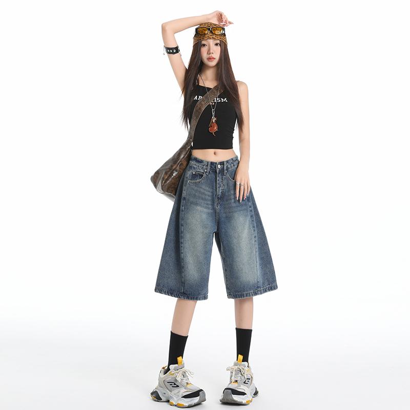 Y2K Street Vintage Tiefer Bund Schräge Tasche Gewaschene Whisker Weites Bein Jorts Bermuda Jeansshorts