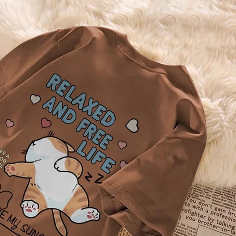 Cute Cartoon Lazy Cat Letter Print Summer Couple Short Sleeved Tshirt Loose Casual Womens Top S