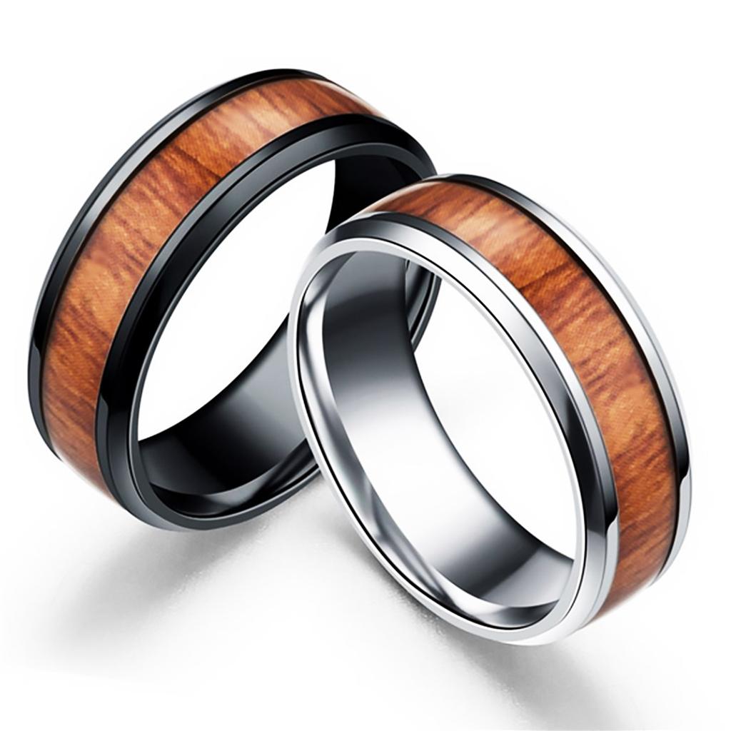Men 8mm Retro Titamium and Wood Inlay Stainless Wedding Band Hand Accessories