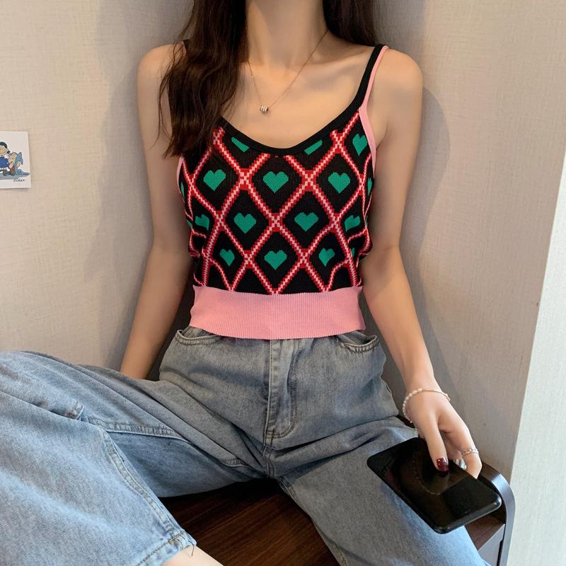 

Рубашка Love Halter Small женская летняя новая ретро корейская версия облегающего трикотажного топа с V-образным вырезом, подходящего для ношения с жилетом контрастного цвета One size