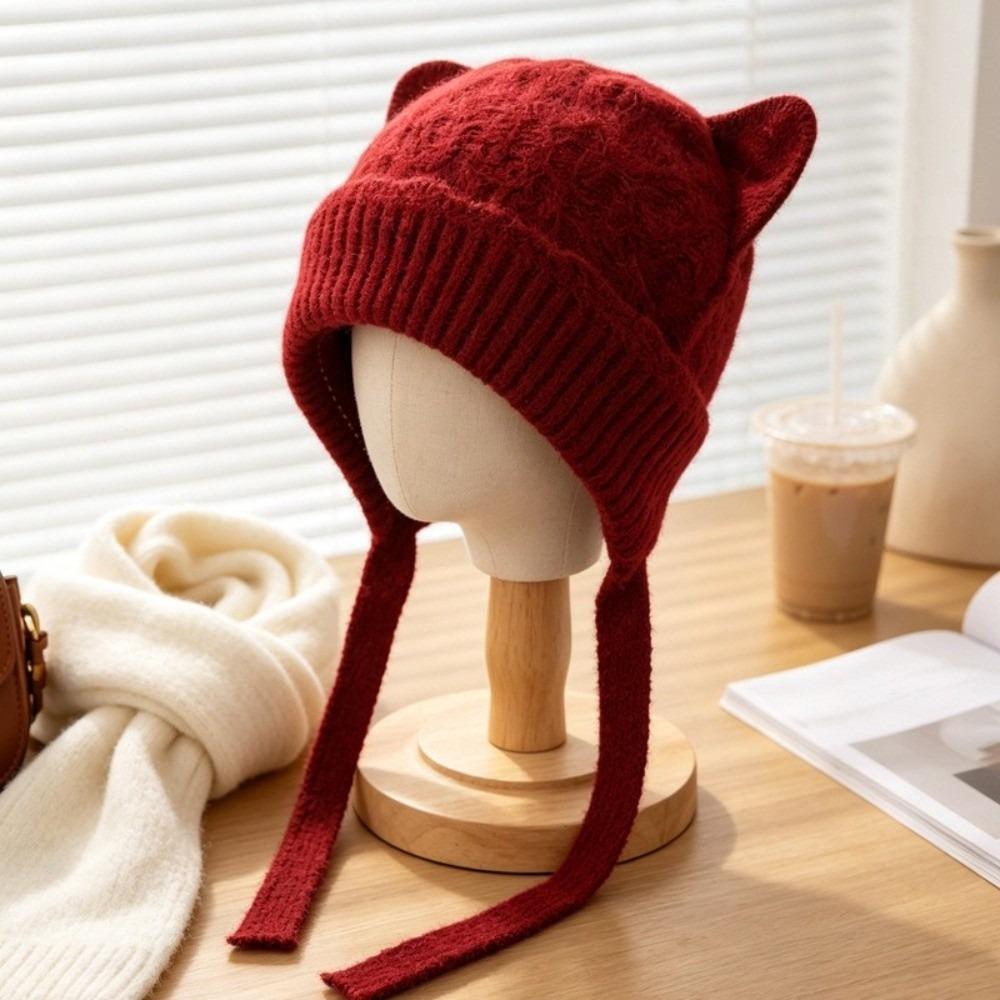 Warm Knitted Cat Ear Knit Hat Windproof Head Cover Korean Style Soft Beanie Winter Commuting