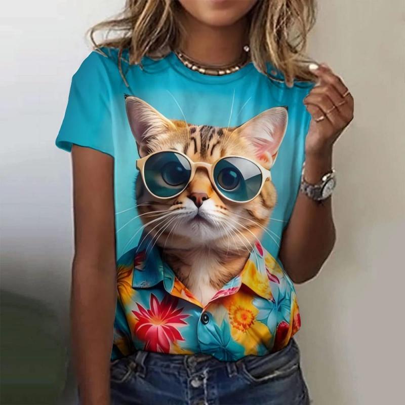 Sunglasses Cat Pattern T Shirt For Women Fun Animal 3D Printed Short Sleeves Summer Loose T-Shirts O-Neck Tops Tees Streetwear