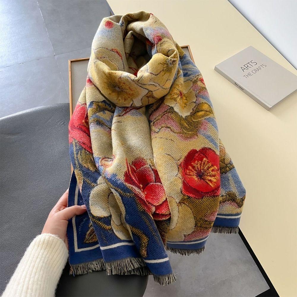 Imitation Cashmere Oil Painting Scarf Long Fringed Shawl  Wedding Party Evening Dresses