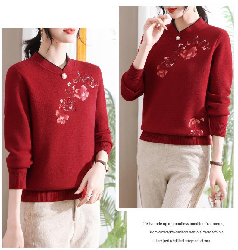 Embroidered Velvet Knit Sweater for Women - Autumn/Winter, Versatile & Warm for Middle-aged/Elderly