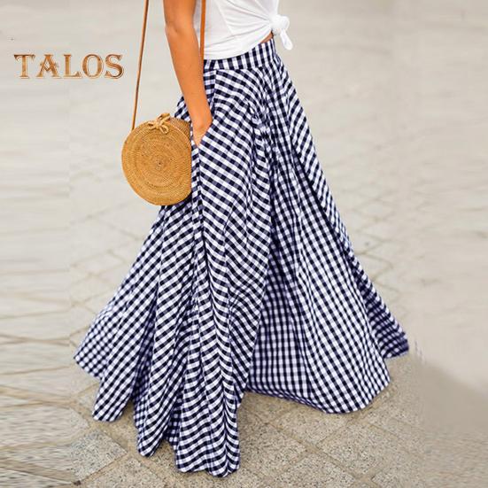 Jupe longue élastique taille haute pour femme, imprimé écossais, jupe trapèze avec poches, grand ourlet, jupe rétro, streetwear