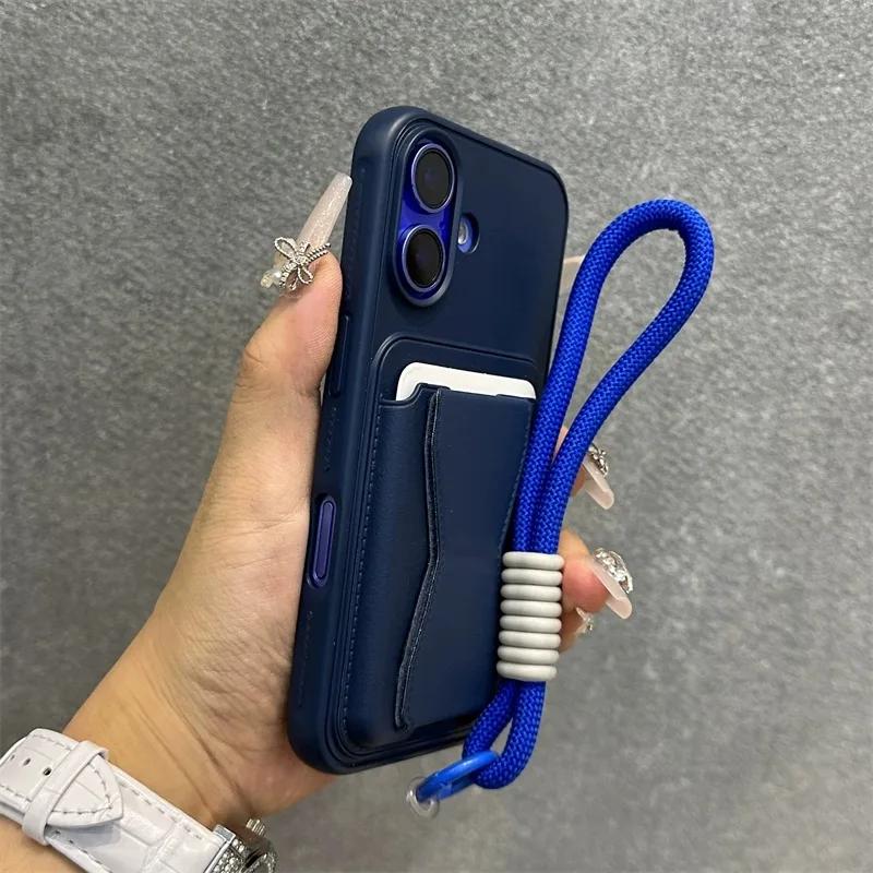 Moda Cüzdan Kredi Kartı Yuvası Arkasında Kordonlu Kapak iPhone 17 Air 13 Pro Max 12 11 Xr 14 15 16 Pro Max İçin PU Deri Kılıf