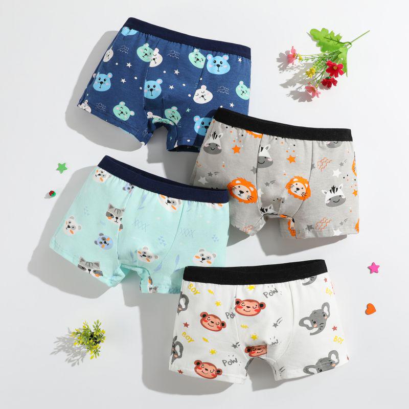 Four-Pack Boys' Pure Cotton Boxer Briefs: Small, Medium, Large Cartoon Underwear